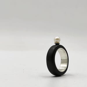 Handmade Ebony Ring with Sterling Silver & Pearl Minimalist Wood Jewelry