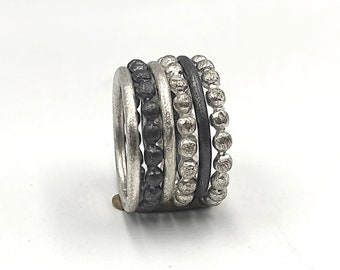 Stackable  Silver Rings Silver Stacking  Rings Oxidized silver Bubbles Ring Round Silver Solid Ring Stack Ring Two Tone Stacking Rings S24.