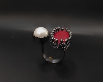 Statement Double Silver Ring Oxidized Silver Ring with Wood and Pearl Open Silver Ring Adjustable Ring Contemporary Ring Handmade Jewelry W3