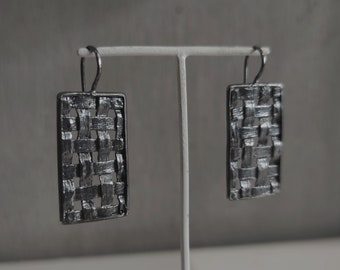 Rectangular Braided Silver Earrings Dangle Hook Silver Earrings Oxidized Silver Earrings Dangle Rectangular Silver Earrings Handmade Jewelry