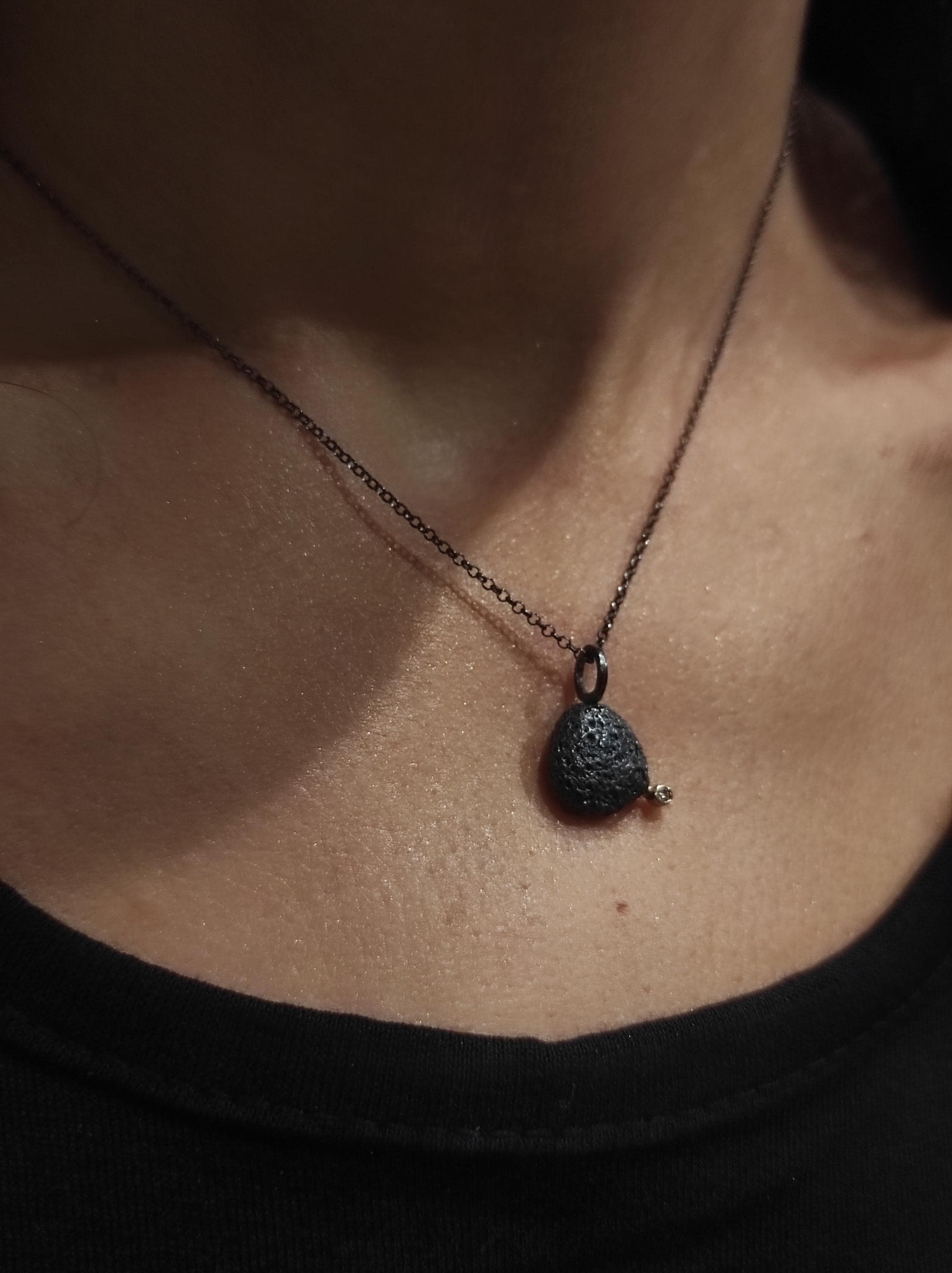 Oxidized Sterling Silver Asymmetrical Pendant Necklace Gold Zircon