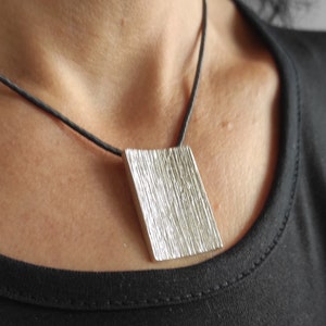 Rectangle Concave Silver Pendant,Big Wide Pendant Necklace,Silver Textured Pendant On Silk Cord Pendant,Geometric Pendant,Modern Jewelry S3. image 2