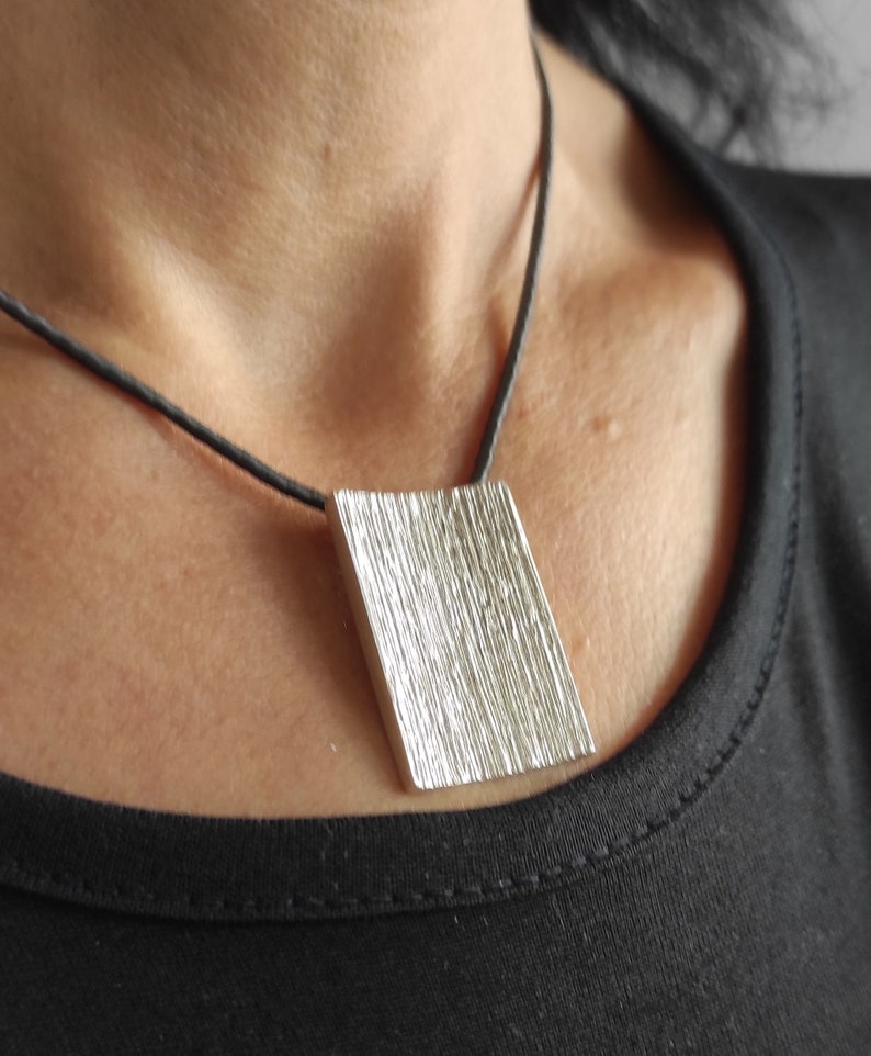 Rectangle Concave Silver Pendant,Big Wide Pendant Necklace,Silver Textured Pendant On Silk Cord Pendant,Geometric Pendant,Modern Jewelry S3. image 2