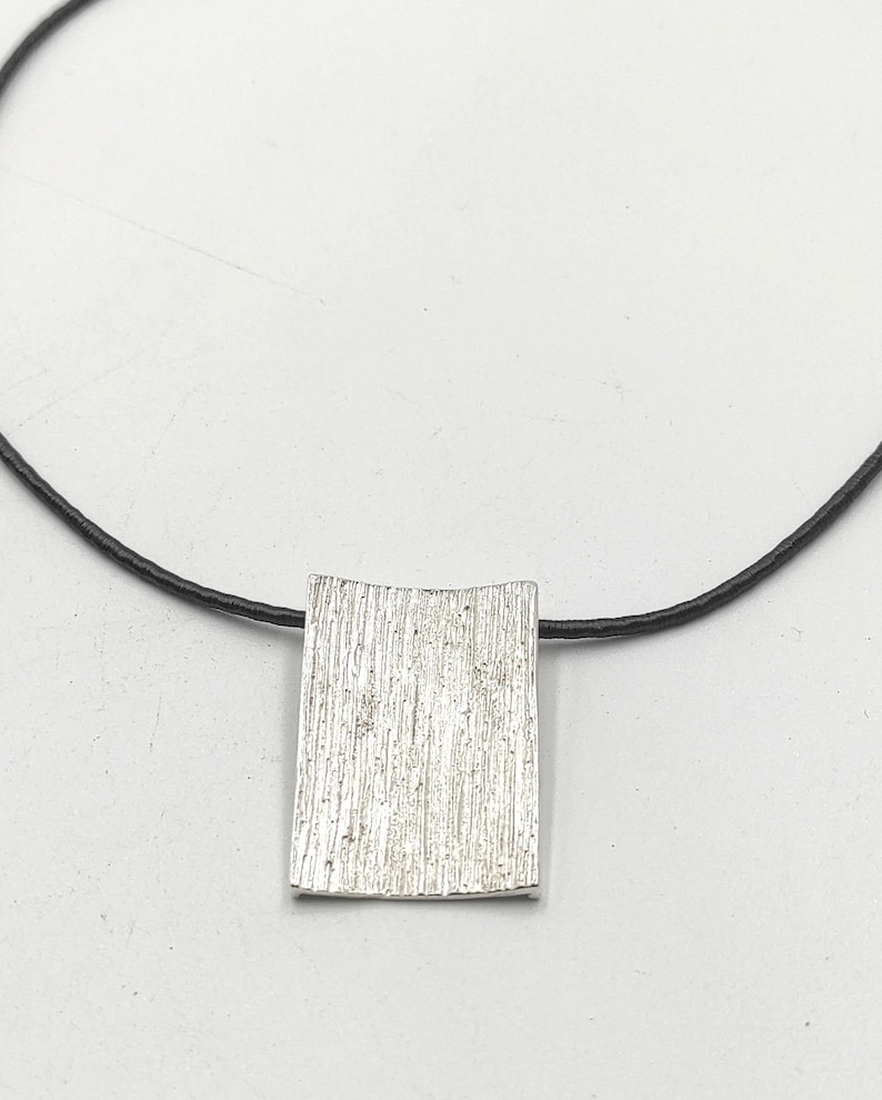 Rectangle Concave Silver Pendant,Big Wide Pendant Necklace,Silver Textured Pendant On Silk Cord Pendant,Geometric Pendant,Modern Jewelry S3. image 8