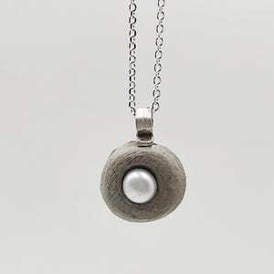 Handmade Concrete Pendant Necklace Sterling Silver Chain, Freshwater Pearl Minimalist Jewelry.