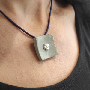 Square Concrete Silver Pendant Cement Necklace With Element Silver Granulation  Concrete Art Pendant Geometric Square Concrete Necklace,C6