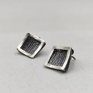 Oxidized Sterling Silver Square Stud Earrings Textured Rustic Design Minimalist Jewelry .