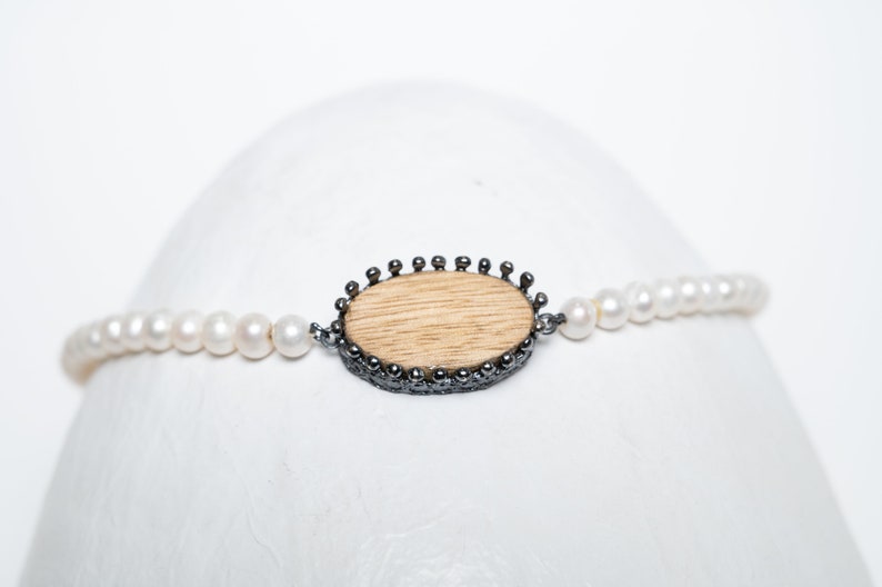 Wooden charm tied with oxidized silver on a freshwater pearl necklace, Wooden Charm, Pearl Statement Necklace. image 6