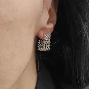 Wide Hoop Silver Earrings,Rectangles Flat Earrings,Architectural Rectangle Hoop Earrings,Medium Perforated Hoop Earrings Modern Jewelry S12 image 4
