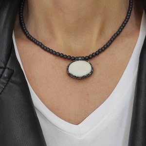 Hematite Necklace with White Porcelain Tied with Oxidized Silver Porcelain Pendant White Porcelain Necklace Woman Ceramic Jewels P2. image 6