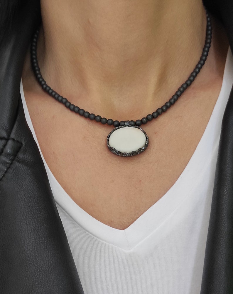 Hematite Necklace with White Porcelain Tied with Oxidized Silver Porcelain Pendant White Porcelain Necklace Woman Ceramic Jewels P2. image 6