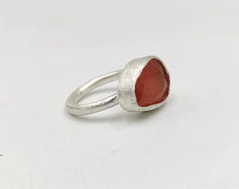Sterling Silver Carnelian Ring Organic Shape Silver Ring Unique Handmade Stone Ring One of a Kind  Rough Silver Ring Modern Jewelry.