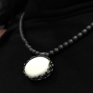 Hematite Necklace with White Porcelain Tied with Oxidized Silver Porcelain Pendant White Porcelain Necklace Woman Ceramic Jewels P2. image 5