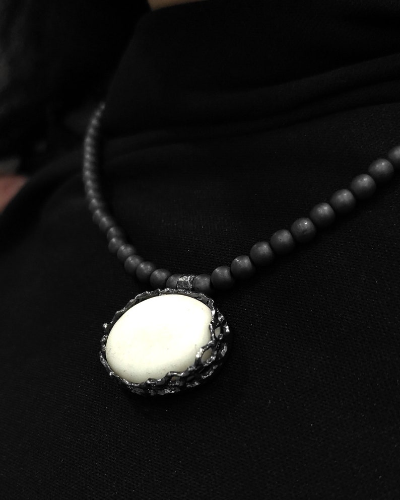 Hematite Necklace with White Porcelain Tied with Oxidized Silver Porcelain Pendant White Porcelain Necklace Woman Ceramic Jewels P2. image 5