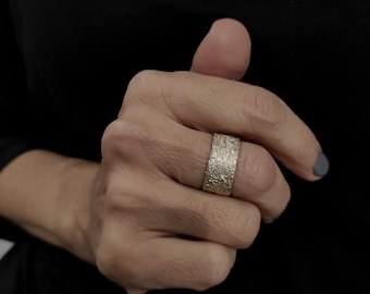 Textured Wide Band Ring Sterling Silver  Embossed Ring Wide Band Ring For Women Organic Band Ring 10 MM Wide Silver Ring Solid Ring