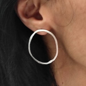 Stud  Oval Silver Earrings Big Oval Stud Earrings Open Stud Earrings Irregular Earrings Handmade Silver Earrings Front Facing Oval Earrings.