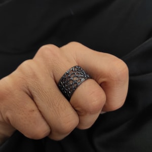 Perforated Wide Silver Ring Oxidized Silver Ring Wide Flat Ring Statement Ring 13 mm Wide Band Silver Large Ring Textured Silver Ring S12.
