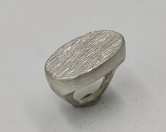 Oval Sterling Silver Statement Ring Embossed Matte Finish Geometric Jewelry.