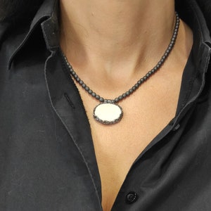 Hematite Necklace with White Porcelain Tied with Oxidized Silver Porcelain Pendant White Porcelain Necklace Woman Ceramic Jewels P2. image 8