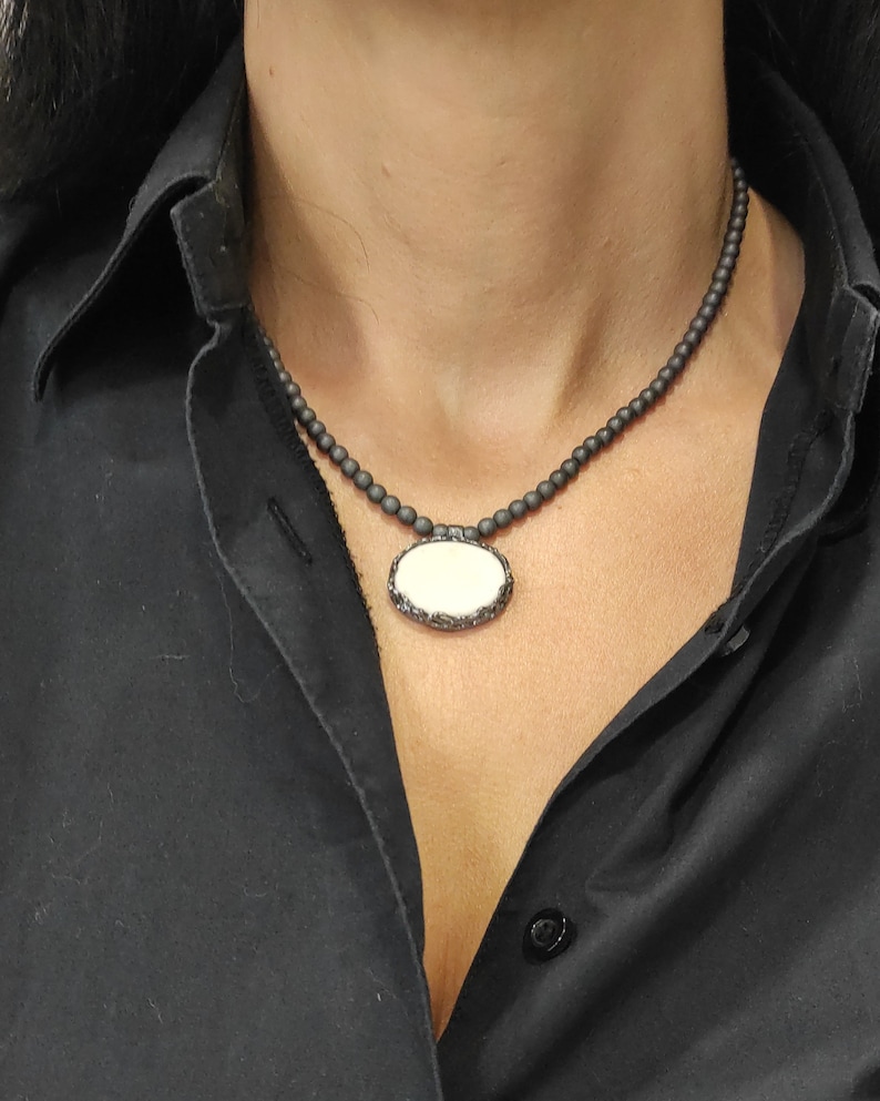 Hematite Necklace with White Porcelain Tied with Oxidized Silver Porcelain Pendant White Porcelain Necklace Woman Ceramic Jewels P2. image 8