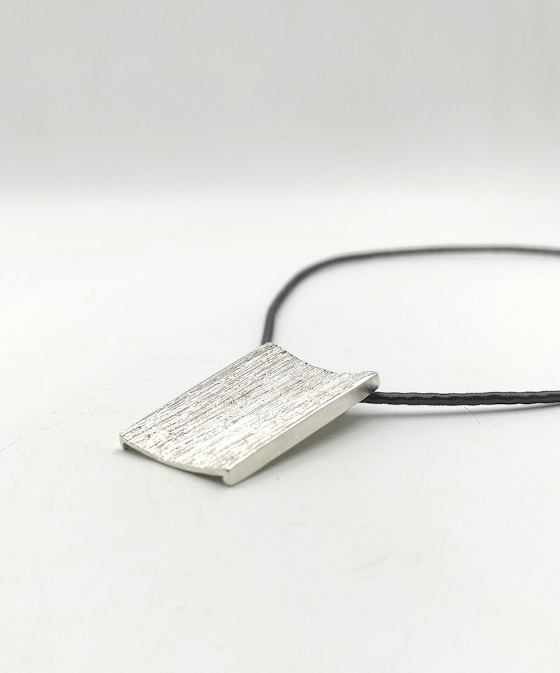 Rectangle Concave Silver Pendant,Big Wide Pendant Necklace,Silver Textured Pendant On Silk Cord Pendant,Geometric Pendant,Modern Jewelry S3. image 1