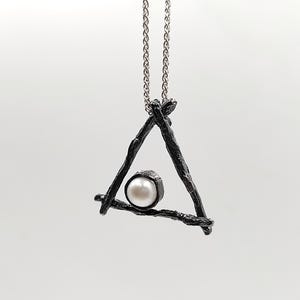 Oxidized Sterling Silver Triangle Pendant Necklace  Geometric Pearl Jewelry Minimalist Jewellery.