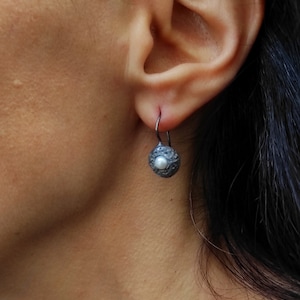 Dangle Pearl Silver Earrings Oxidized Solid Silver Earrings Modern Dangle Earrings Textured Earrings Irregular Round Hook Earrings S22.