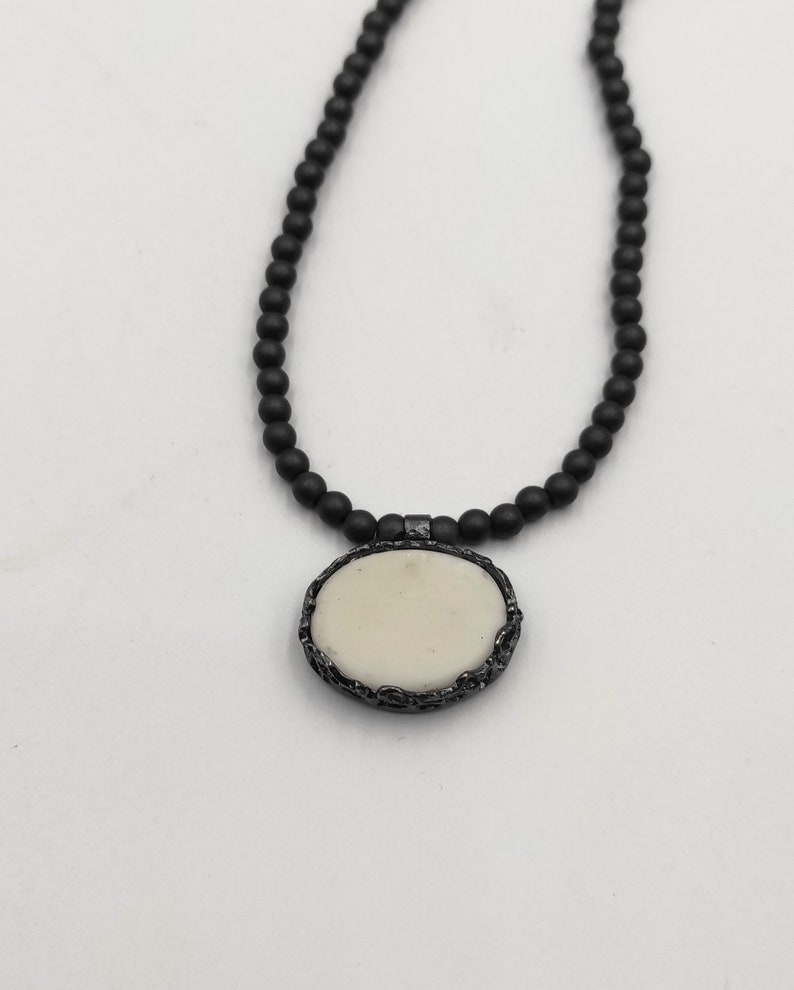 Hematite Necklace with White Porcelain Tied with Oxidized Silver Porcelain Pendant White Porcelain Necklace Woman Ceramic Jewels P2. image 4