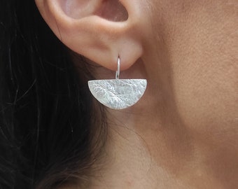 Crescent Dangle Silver Earrings Sterling Silver Semi Circle Earrings Dangle Drop Half Moon Earrings Textured Geometric Earrings Casual