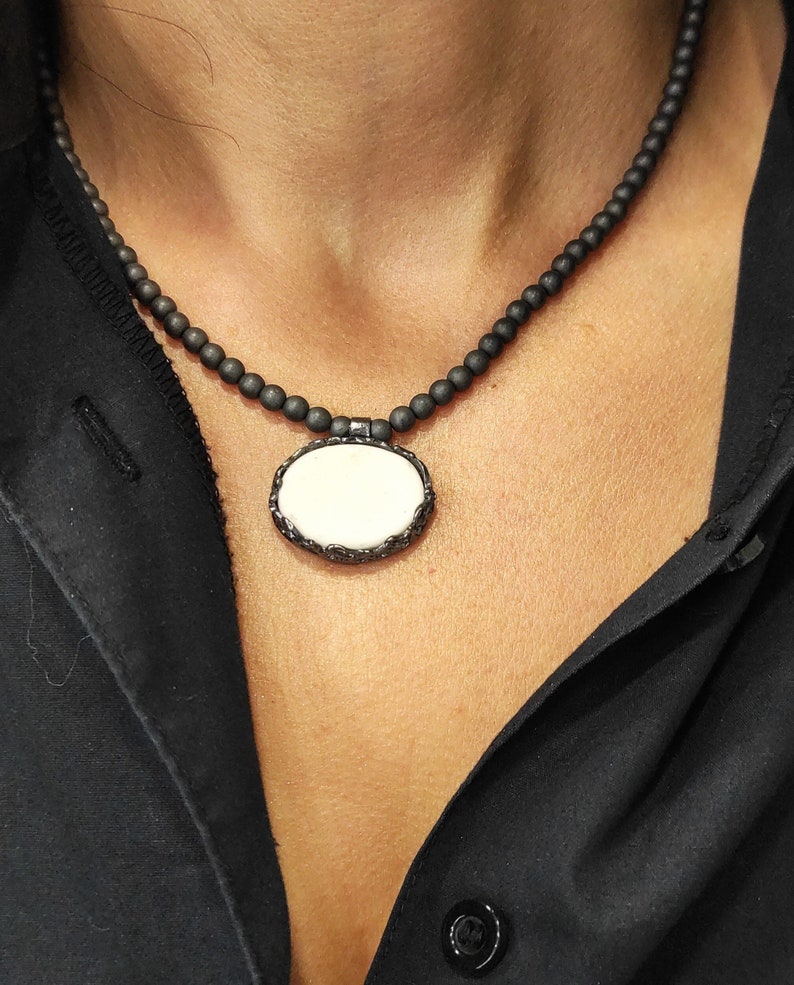 Hematite Necklace with White Porcelain Tied with Oxidized Silver Porcelain Pendant White Porcelain Necklace Woman Ceramic Jewels P2. image 1