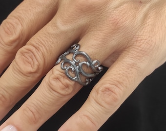 Brede abstracte sterlingzilveren ring onregelmatig geoxideerd zilveren ring handgemaakte abstracte bandring massief zilveren bandring unieke ring S10.