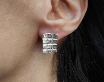 Rectangle Silver Stud Earrings Textured Stud Earrings Geometric Silver Earrings Everyday Stud Earrings Handmade Silver Earrings.