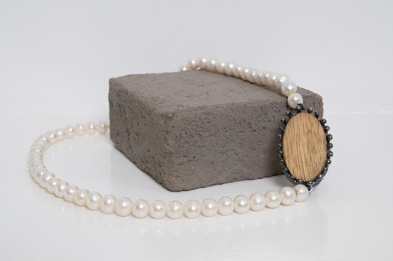 Wooden charm tied with oxidized silver on a freshwater pearl necklace, Wooden Charm, Pearl Statement Necklace. image 3