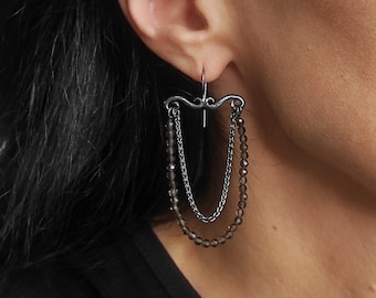 Smoky Quartz Chain Earrings,Dangle Oxidized Silver Earrings,Faceted Smoky Quartz Earrings,Gem And Chain Earrings, Long Chain Earrings S10