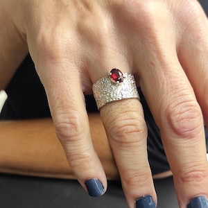 Wide Textured Sterling Silver Ring  Garnet Ring Silver Band Ring  Gift For Women  Gemstone Ring Simple Band Ring Wide Silver Ring.