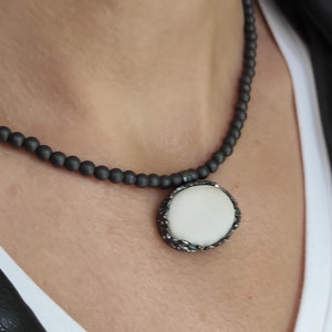 Hematite Necklace with White Porcelain Tied with Oxidized Silver Porcelain Pendant White Porcelain Necklace Woman Ceramic Jewels P2. image 3