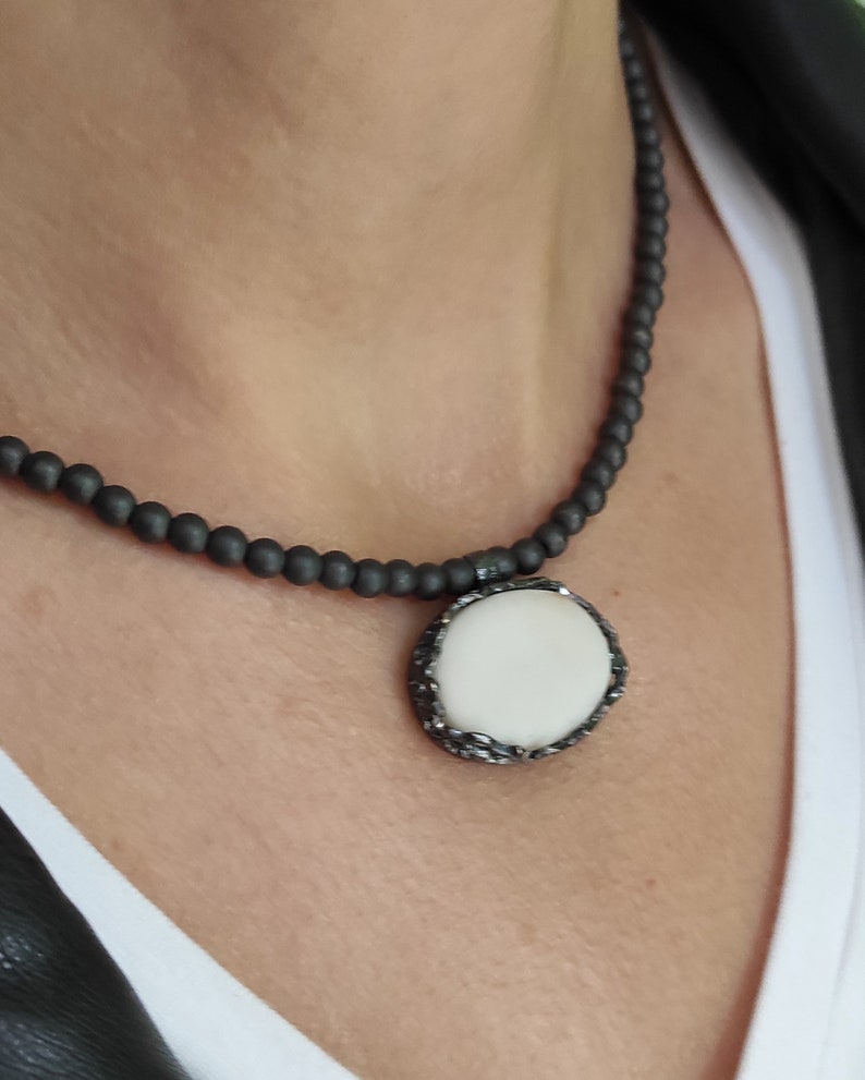 Hematite Necklace with White Porcelain Tied with Oxidized Silver Porcelain Pendant White Porcelain Necklace Woman Ceramic Jewels P2. image 3