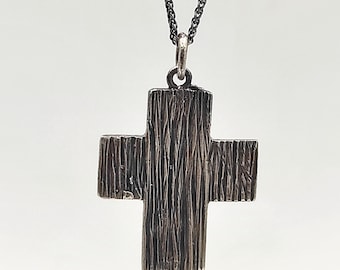 Oxidized Sterling Silver Cross Pendant Rustic Matte Silver Necklace Mens Jewelry.