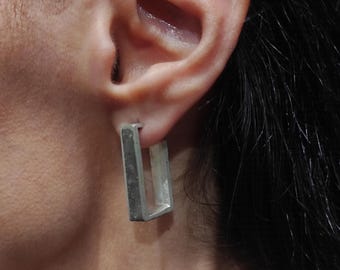 Pendientes de aro rectangulares de plata de ley con diseño geométrico de hormigón C3.