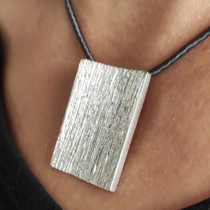 Rectangle Concave Silver Pendant,Big Wide Pendant Necklace,Silver Textured Pendant On Silk Cord Pendant,Geometric Pendant,Modern Jewelry S3. image 7