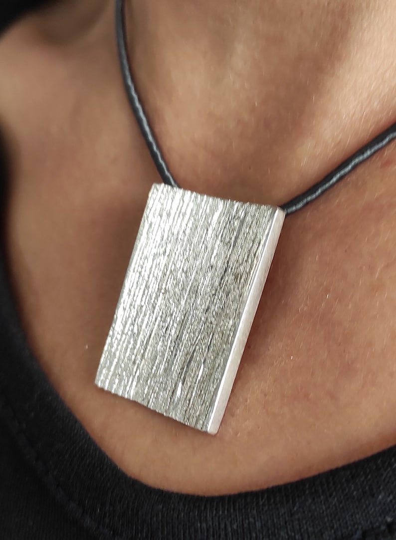 Rectangle Concave Silver Pendant,Big Wide Pendant Necklace,Silver Textured Pendant On Silk Cord Pendant,Geometric Pendant,Modern Jewelry S3. image 7