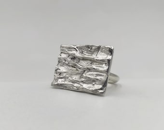 Textured Sterling Silver Rectangular Ring Statement Jewellery Modern Artisan Jewelry.