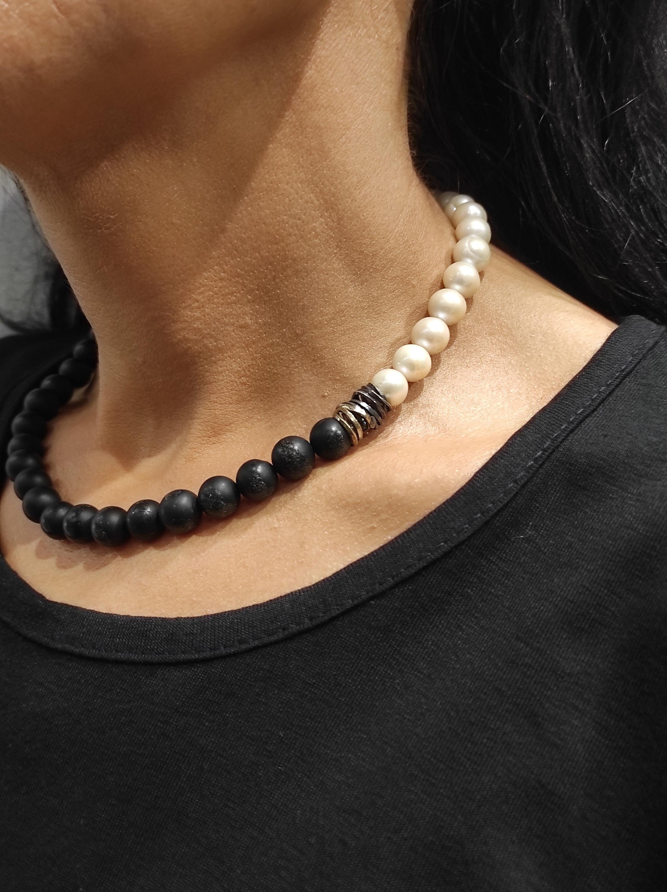 Statement Necklace with Matte Onyx Pearl and Onyx Necklace 10 mm Pearl Necklace with Silver And Gold  Elegant Black and White Necklace S14.