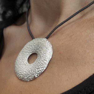 Large Circle Silver Pendant Wide Open Round Pendant Statement Sterling Silver Necklace Big Textured Circle on Silk Cord Pendant Necklace S13