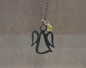 Oxidized Sterling Silver Angel Necklace with Peridot Accent Minimalist Jewelry