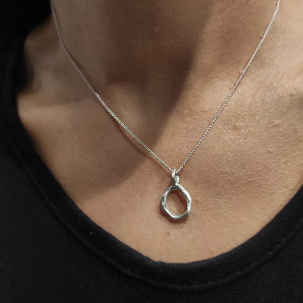 Sterling Silver Irregular Oval Pendant Necklace  Organic Design Handmade Jewelry S28.