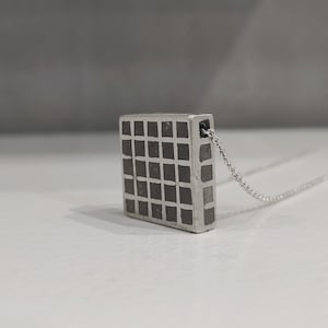 Geometric Concrete Silver Pendant Industrial Pendant Necklace Square Cement Silver Pendant Necklace Archecture Pendant Necklace, C5.