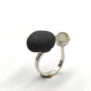 Statement Black Porcelain Ring Sterling Silver with Moonstone Open Silver Ring Adjustable Silver Ring Handmade Ring Porcelain Jewelry.