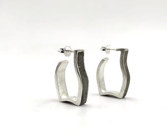 Pendientes de aro con incrustaciones de hormigón en plata esterlina, diseño ondulado, joyería geométrica moderna C11.