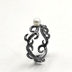 Abstract Oxidized Sterling Silver Pearl Ring Minimal Band Minimalist Jewelry S10.